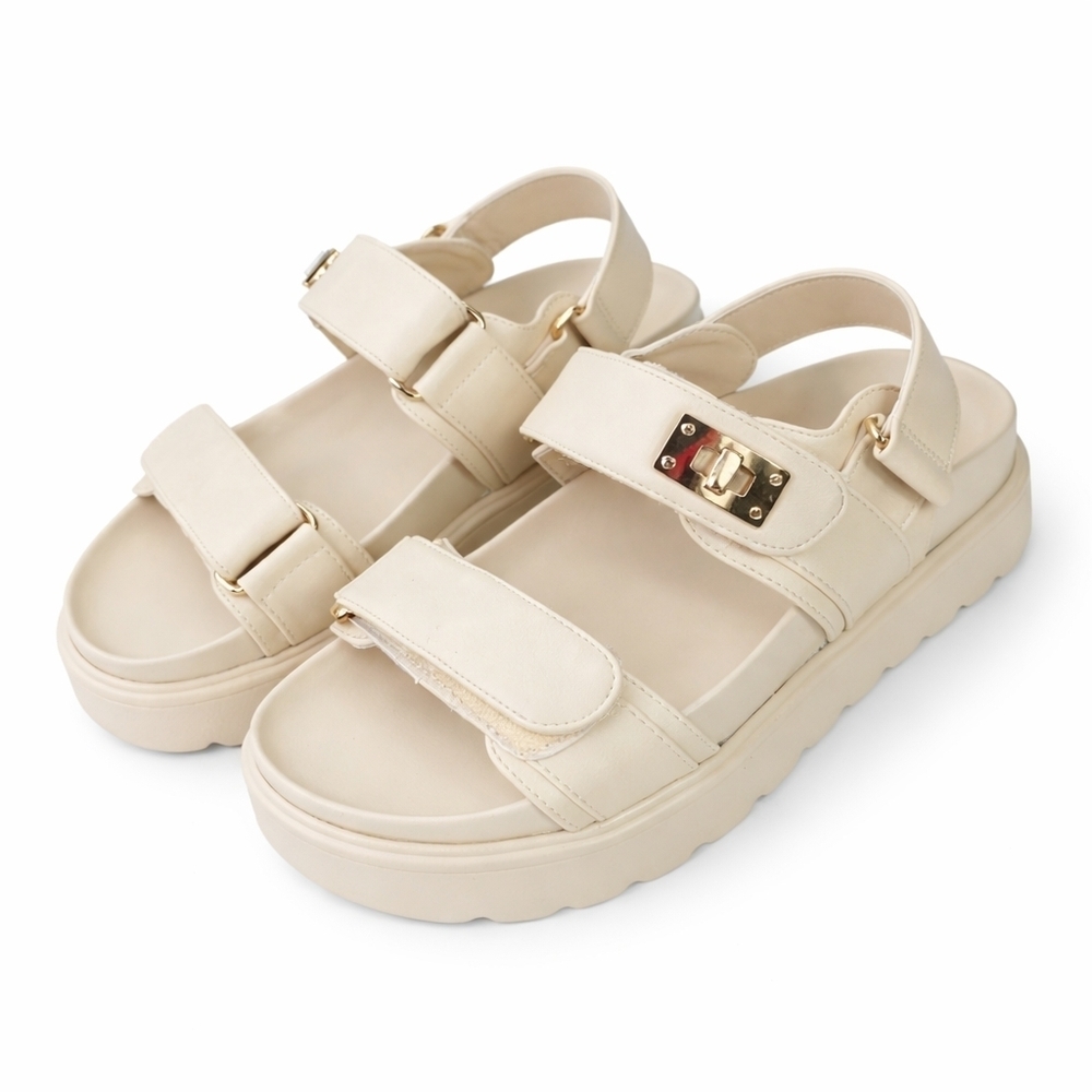 Coutgo Beige Platform Sandals Size 5.5 Comfort Velcro Straps Chunky Sole New